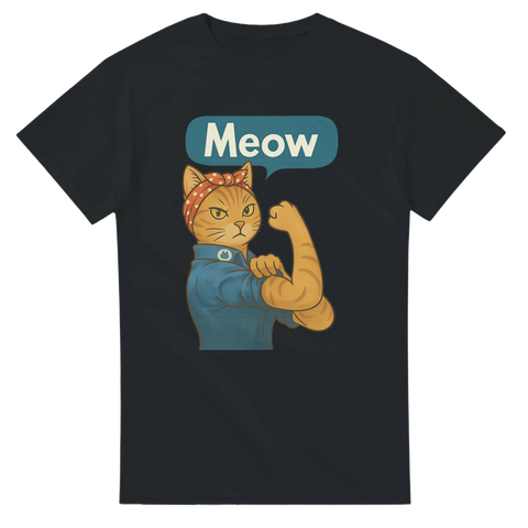 Svart t-shirt med orange katt i blå skjorta och texten “Meow” i pratbubbla
