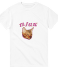 Vit t-shirt med kattansikte och glittrig rosa text “Mjau”