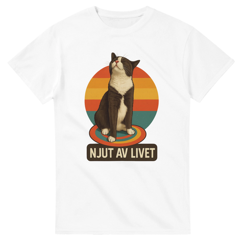 T-shirt med avslappnad katt och retrofärger, texten Njut av livet