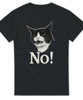 T-shirt med svartvit katt som fräser och texten "No!"