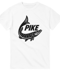 T-shirt med svartvitt motiv av en gädda i logotypstil och texten "PIKE".