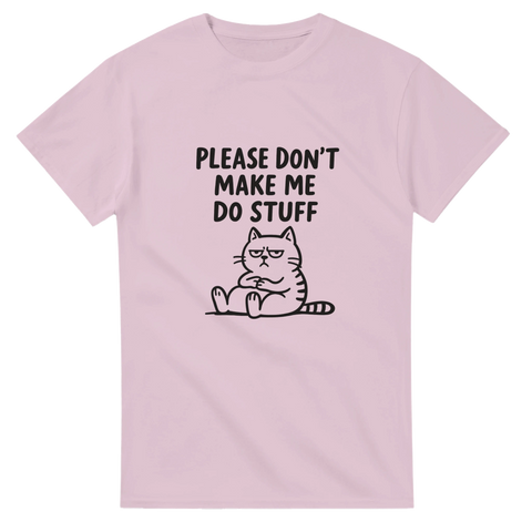 T-shirt med trött tecknad katt och texten Please don’t make me do stuff