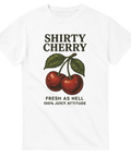 T-shirt med två körsbär och texten “Shirty Cherry – Fresh as Hell, 100% Juicy Attitude”