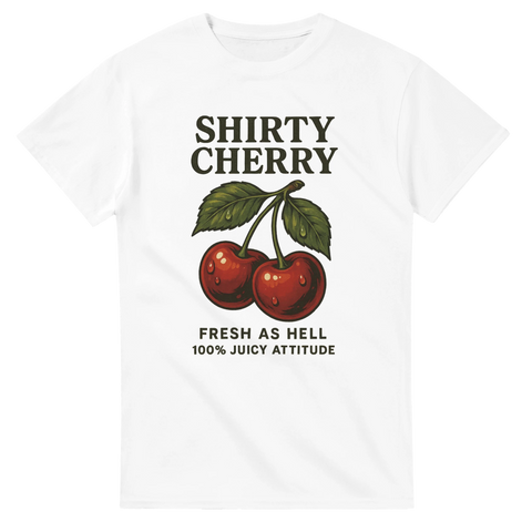 T-shirt med två körsbär och texten “Shirty Cherry – Fresh as Hell, 100% Juicy Attitude”