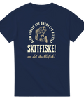 Marinblå t-shirt med texten "Skitfiske! – om det ska bli fisk" och illustration av en fiskare med krok
