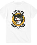 Vit t-shirt med sköldemblem av arg katt och texten “Sören Marodören”