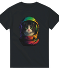 T-shirt med katt i astronautdräkt och neonfärgade detaljer