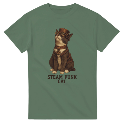 Steampunk-katt med goggles och detaljerad utrustning på t-shirt