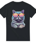 Svart t-shirt med tecknad katt i färgglada solglasögon