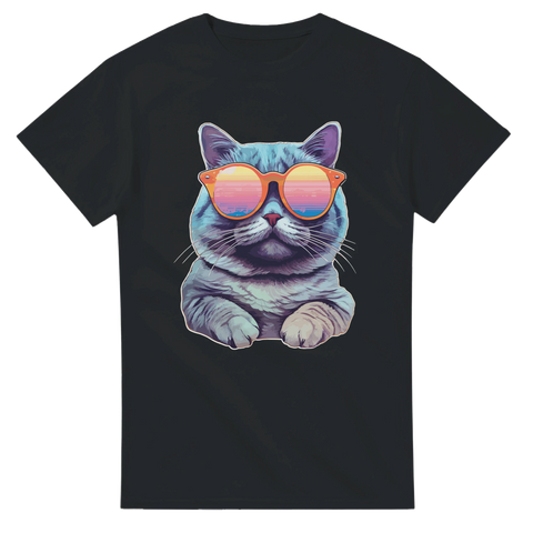 Svart t-shirt med tecknad katt i färgglada solglasögon