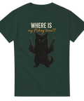Mörkgrön t-shirt med svart katt som håller två pistoler och texten “Where is my f*cking tuna?!”