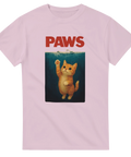 T-shirt med kattparodi på Jaws – röd text “PAWS” och söt katt i vattnet