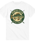 vit t-shirt med vintagebadge av abborre, text "Perch Club – Est. 1956" med korslagda fiskespön
