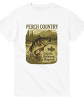 Vit t-shirt med abborre som hoppar framför skogssjö, text "Perch Country – Catch. Release. Repeat."