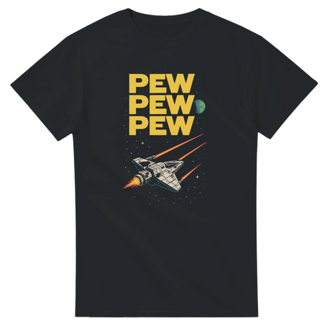 T-shirt Pew Pew Pew Star Wars Parodi Svart med ett rymdskepp som skjuter