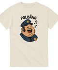Cremefärgad t-shirt med tecknad sjungande polis och texten Polisång