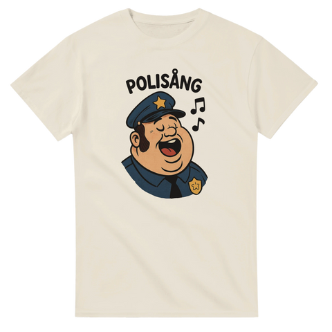 Cremefärgad t-shirt med tecknad sjungande polis och texten Polisång