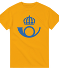 Gul t-shirt med blå posten logotyp retrodesign