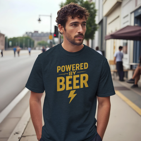 T-shirt med retro text Powered by beer i miljöbild