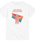 t-shirt med pride budskap och regnbågsflagga och vågad text