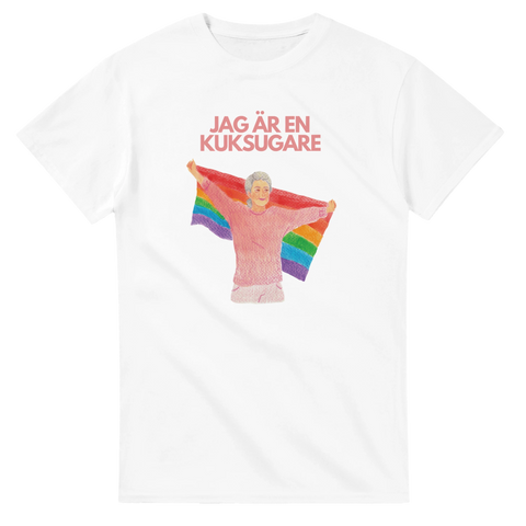 t-shirt med pride budskap och regnbågsflagga och vågad text