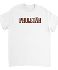 Textbaserat tryck med ordet PROLETÄR i brun retro-font – vit t-shirt