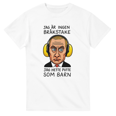 Illustrerad politisk satir med karikatyr av man i hörselkåpor och texten "Jag hette Putte som barn"