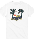 T-shirt med retro motiv av gammal, palmer och solnedgång