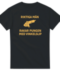 T-shirt med vinkelslip och texten "Riktiga män rakar pungen med vinkelslip"
