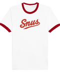 Vit retro ringer t-shirt med texten snus i rött