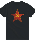 Svart t-shirt med röd stjärna och hammare-skära i vintage-stil