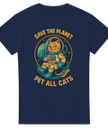 Mörkblå t-shirt med tecknad astronautkatt och texten "Save the planet – Pet all cats".