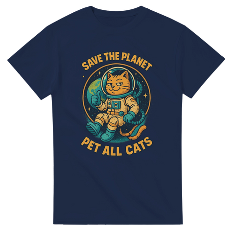 Mörkblå t-shirt med tecknad astronautkatt och texten "Save the planet – Pet all cats".
