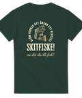 Mörkgrön t-shirt med texten "Skitfiske! – om det ska bli fisk" och illustration av en fiskare med krok