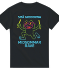 T-shirt med neonfärgad groda som håller glowsticks, texten "Små Grodorna Midsommar Rave" i blå och rosa neonstil.