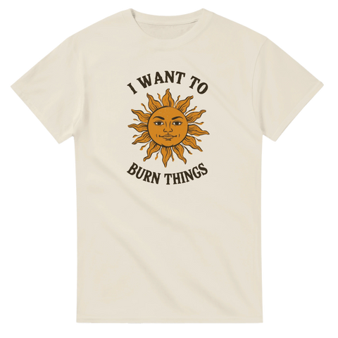 Rolig T-shirt med retro sol och texten I want to burn things