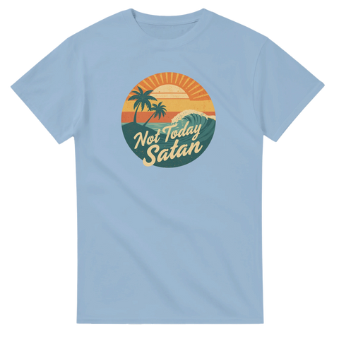 Rolig t-shirt med retro motiv av palmer och hav samt texten Not Today Satan
