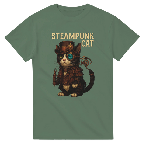Cool t-shirt med fantasy-inspirerat steampunkmotiv och katt