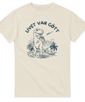 Rolig t-shirt med tecknad T-Rex och texten Livet var gött
