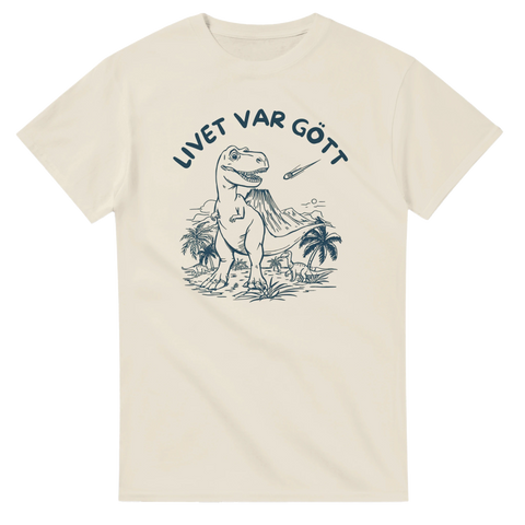 Rolig t-shirt med tecknad T-Rex och texten Livet var gött