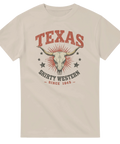 beige t-shirt med långhornsskalle och texten texas shirty western since 1845