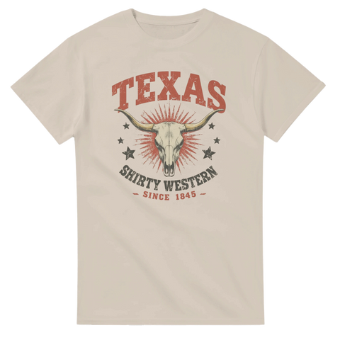 beige t-shirt med långhornsskalle och texten texas shirty western since 1845