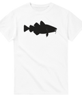Vit t-shirt med svart silhuett av en torsk