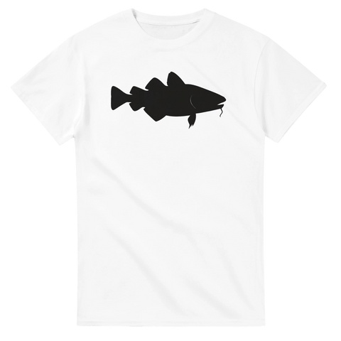 Vit t-shirt med svart silhuett av en torsk