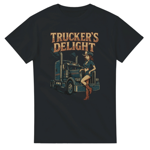 T-shirt med texten Trucker’s Delight, lastbil och cowgirl i retro Americana-stil

