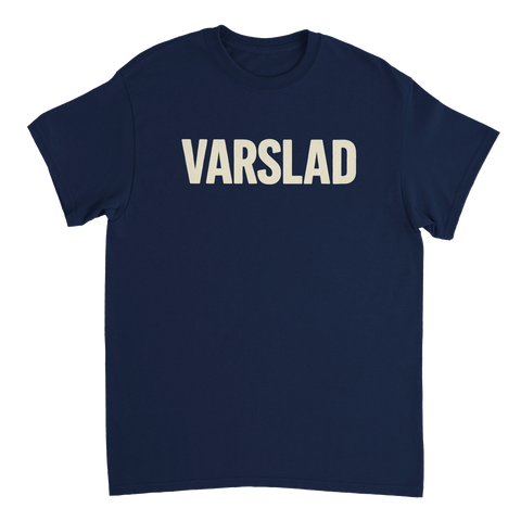 t-shirt med texten varslad i marinblå färg, för arbetslösa och varslade