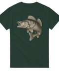Mörkgrön t-shirt med detaljerad illustration av en gös med öppen käft och fena i attackläge