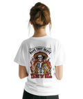 Tacos in Hell t-shirt med skelett och ryggtryck – vit