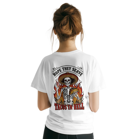 Tacos in Hell t-shirt med skelett och ryggtryck – vit