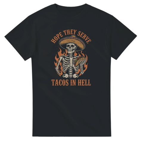 Tacos in Hell t-shirt med skelett och sombrero – svart